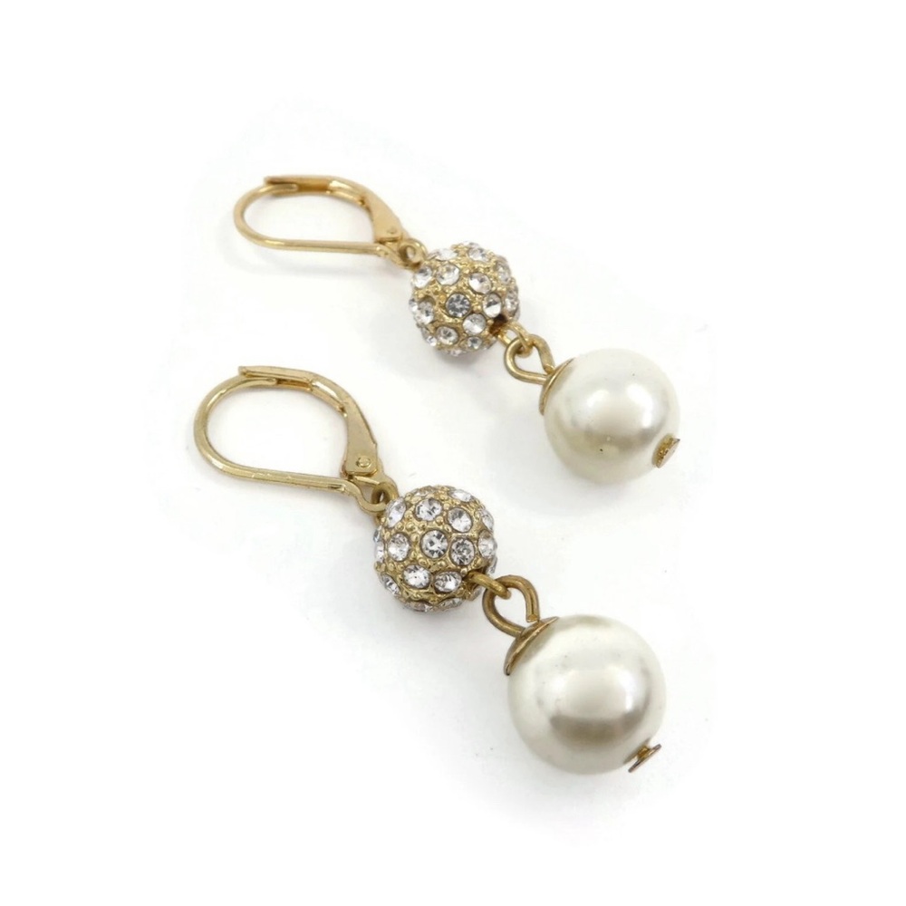 🌸Rhinestone Ball, Earrings, Dangles, Faux Pearls, Gold Tone, Hooks Vintage